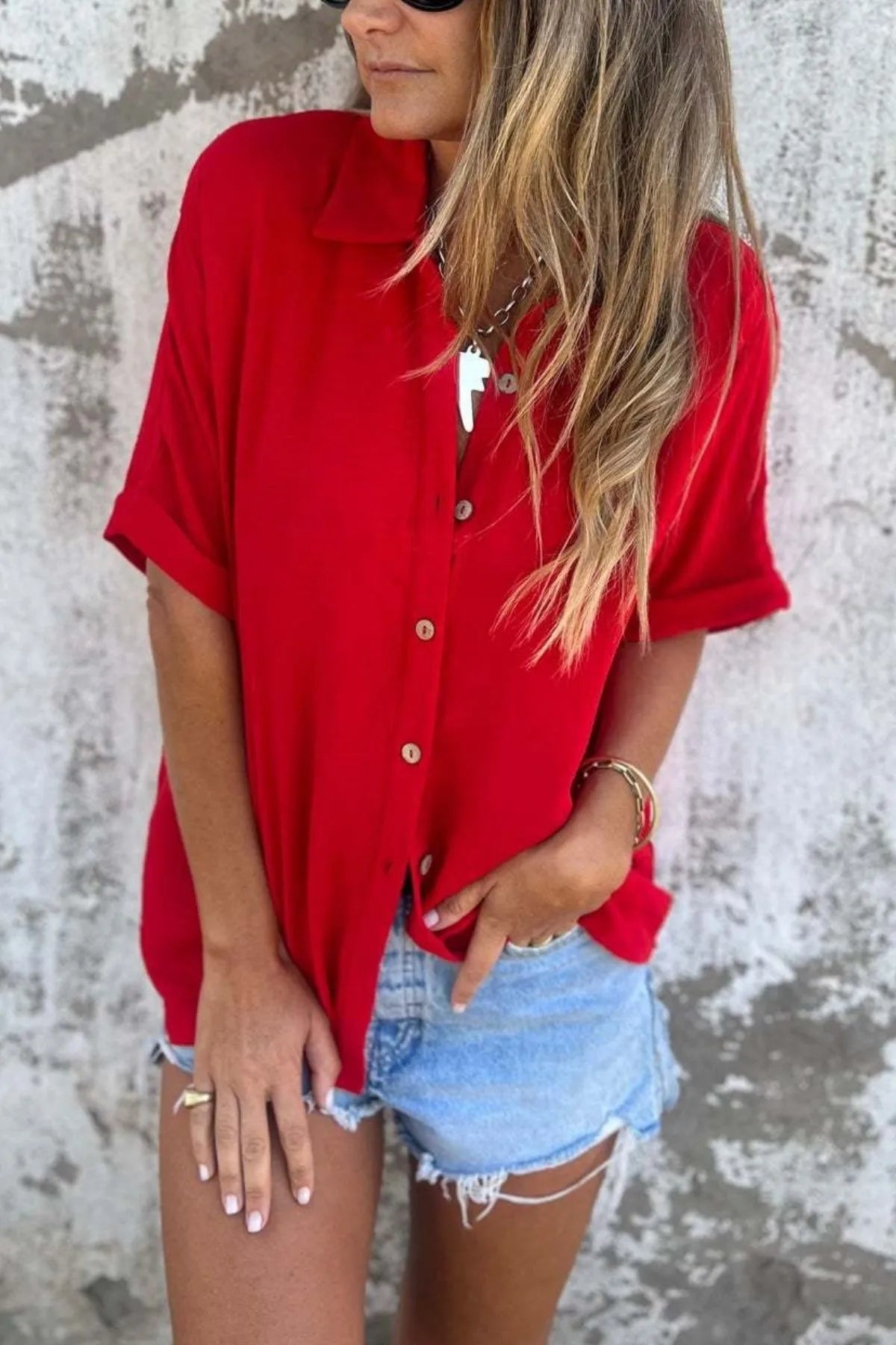 Full Size Casual Button Down Short Sleeve Loose Shirt Plus Size