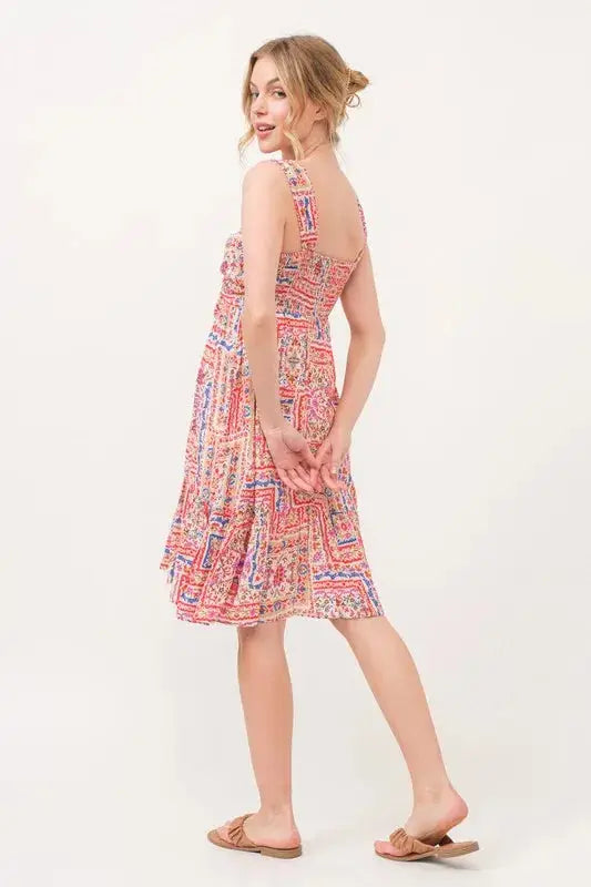 And The Why Tied Front Smocked Back Tiered Boho Printed Dress - Clothes For Her Online Store
