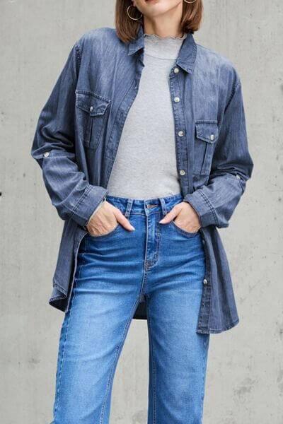 Pocketed Collared Neck Long Sleeve Denim Top - Clothes For Her Online Store