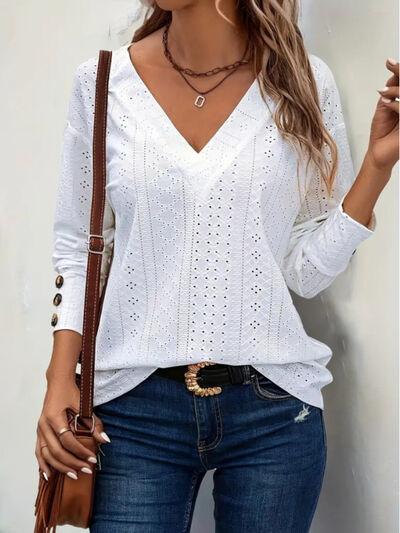 Eyelet V-Neck Long Sleeve Blouse - Clothes For Her Online Store