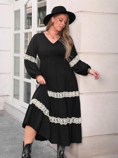 Plus Size Lace Detail V-Neck Long Sleeve Midi Dress - Clothes For Her Online Store