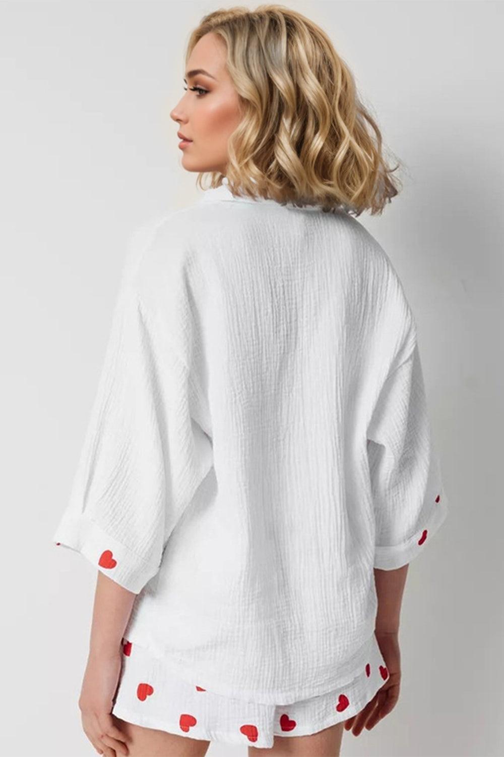 Basic Bae Heart Collared Neck Button Down Top and Shorts Set - Clothes For Her Online Store