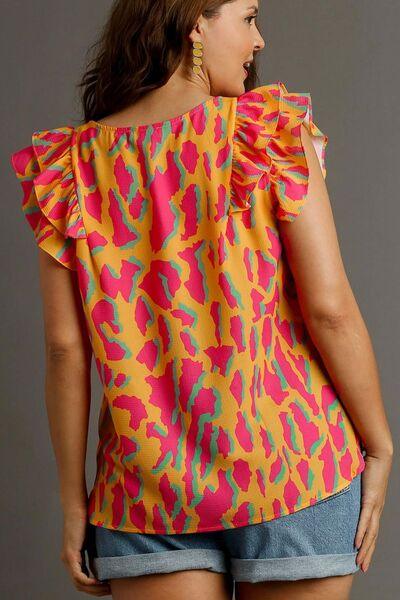 Umgee Full Size Abstract Print V-Neck Double Layer Ruffle Sleeve Blouse Plus Size - Clothes For Her Online Store