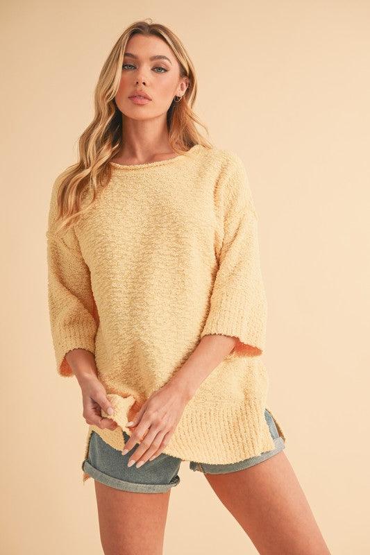 Aemi + Co Side Slit Ribbed Hem Round Neck Sweater - Clothes For Her Online Store
