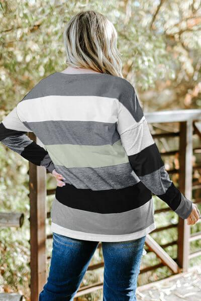 Plus Size Striped Slit Long Sleeve T-Shirt - Clothes For Her Online Store