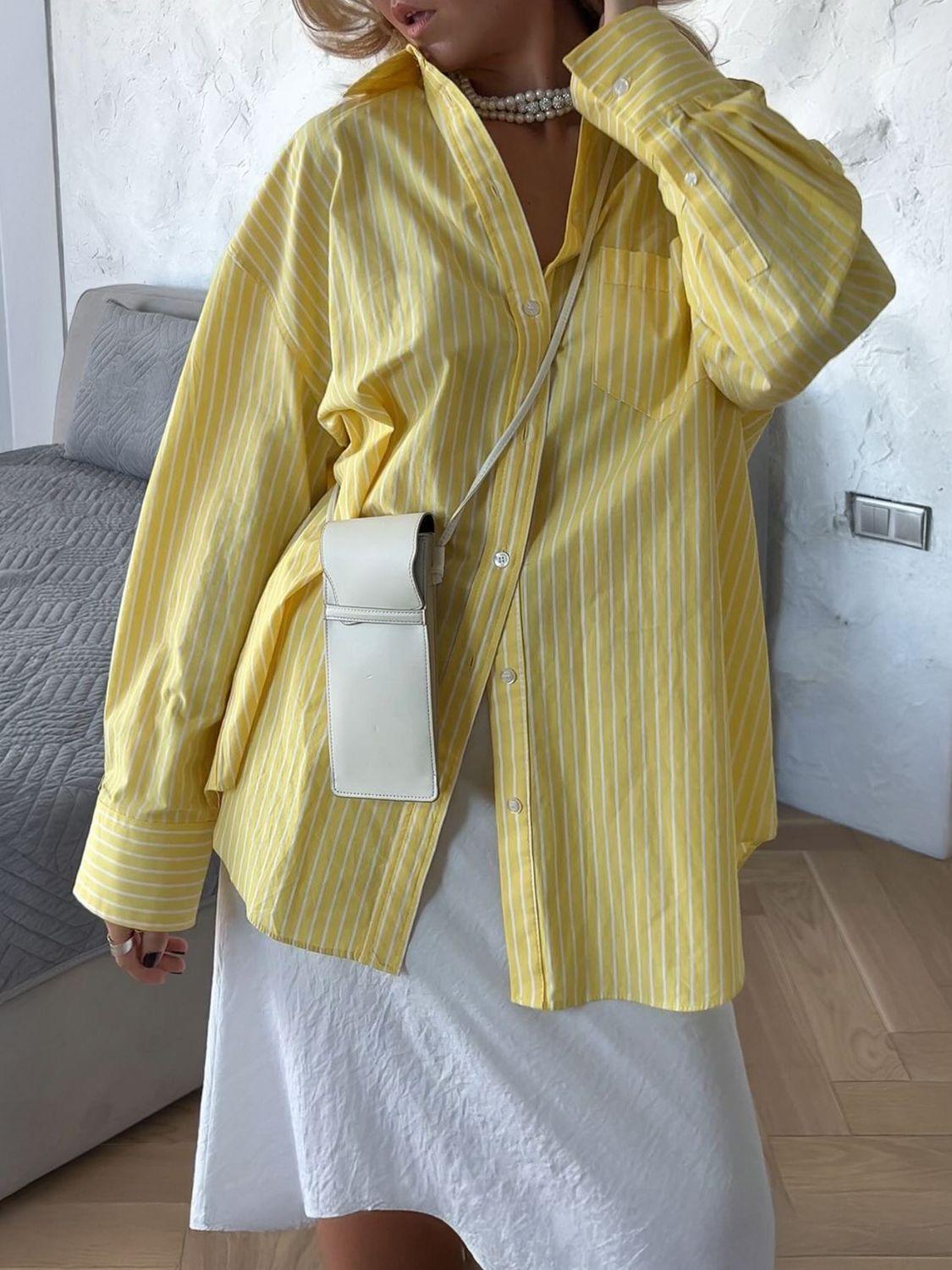 Devine Striped Collared Neck Long Sleeve Shirt - Clothes For Her Online Store