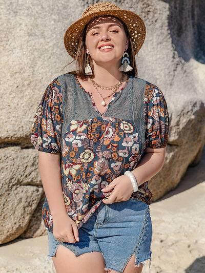 Plus Size Printed Notched Half Sleeve Blouse - Clothes For Her Online Store