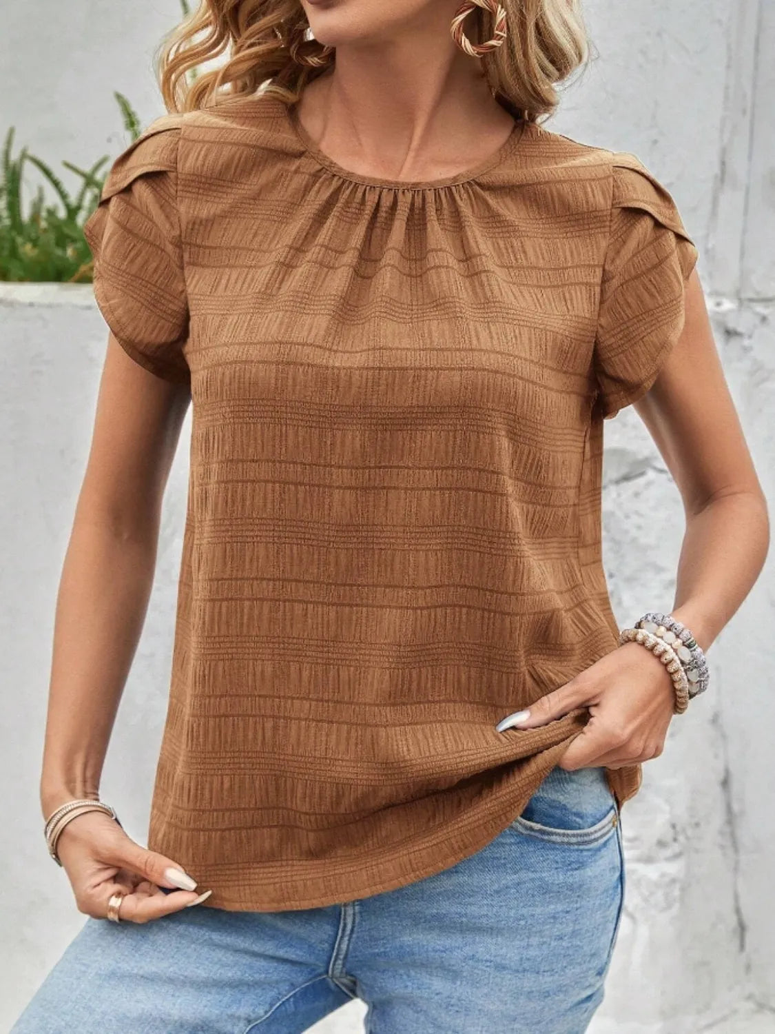 Round Neck Petal Sleeve Top