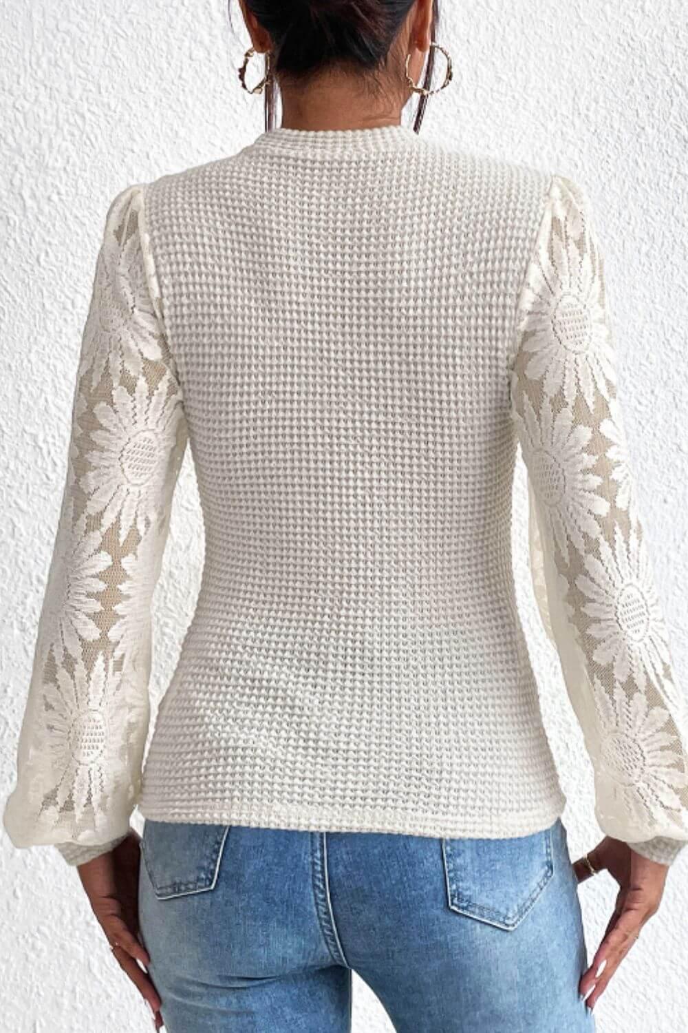 Mock Neck Lace Long Sleeve Top - Clothes For Her Online Store