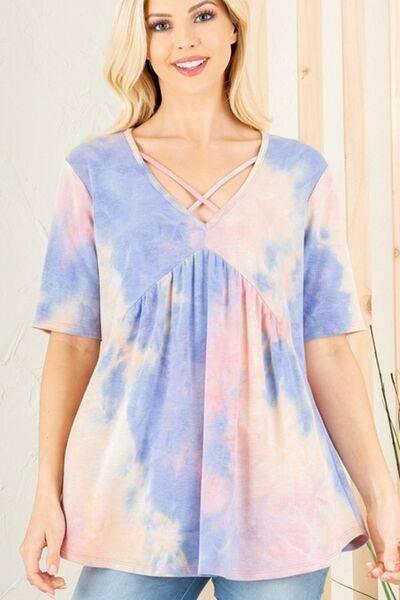 Heimish Full Size Crisscross Tie Dye Babydoll Top Plus Size - Clothes For Her Online Store