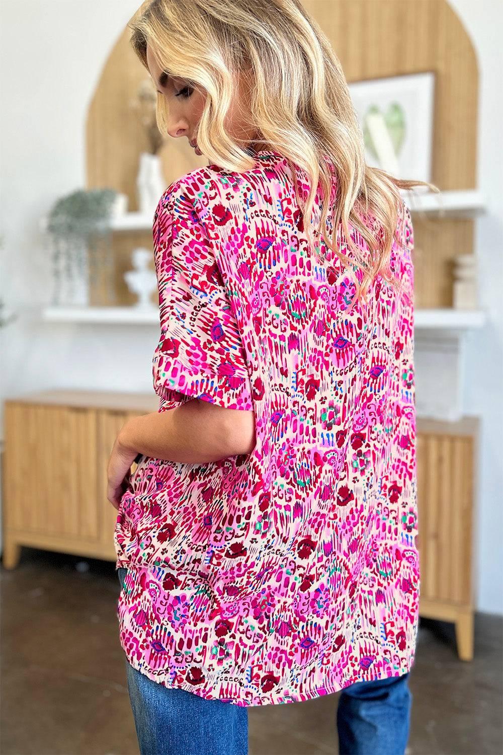 Double Take Full Size Printed V-Neck Short Sleeve Blouse - Clothes For Her Online Store