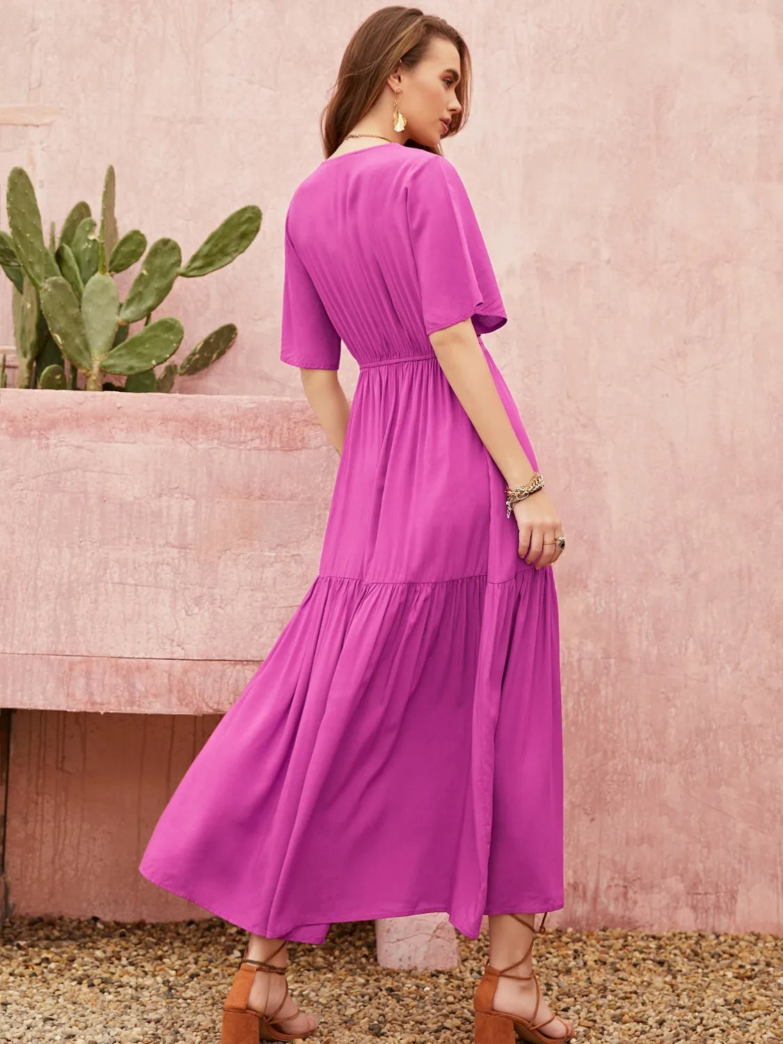 Lace Detail V-Neck Short Sleeve Midi Dress