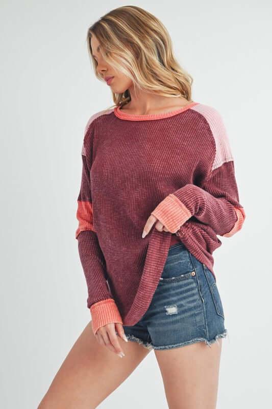 Aemi + Co Raw Seam Color Block Round Neck Knit Top - Clothes For Her Online Store