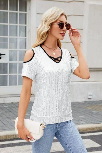 Sequin Crisscross V-Neck Cold Shoulder Blouse - Clothes For Her Online Store