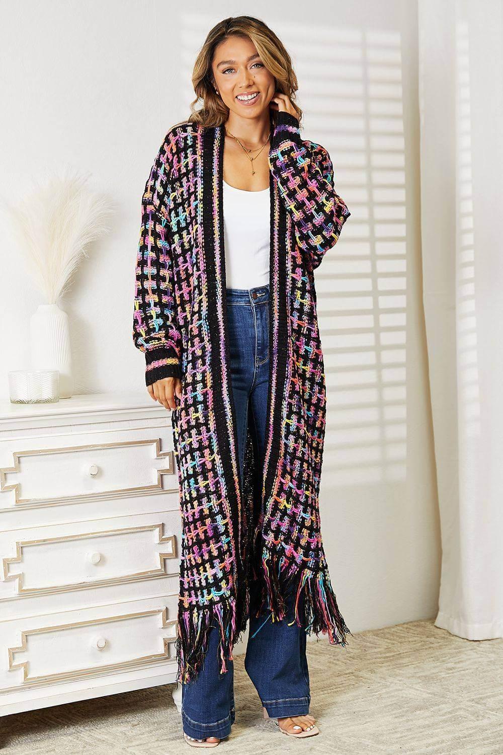 Angel Wings Full Size Multicolored Open Front Fringe Hem Cardigan - Clothes For Her Online Store