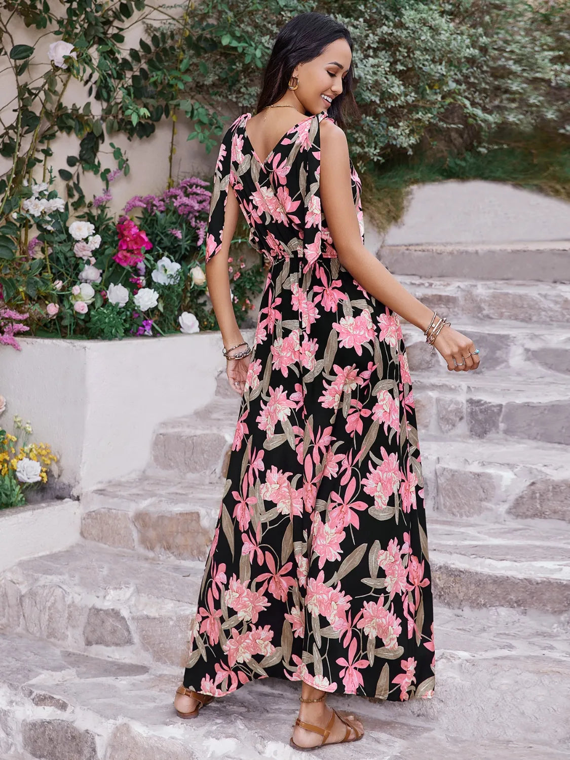 Printed V-Neck Tie Shoulder Dress