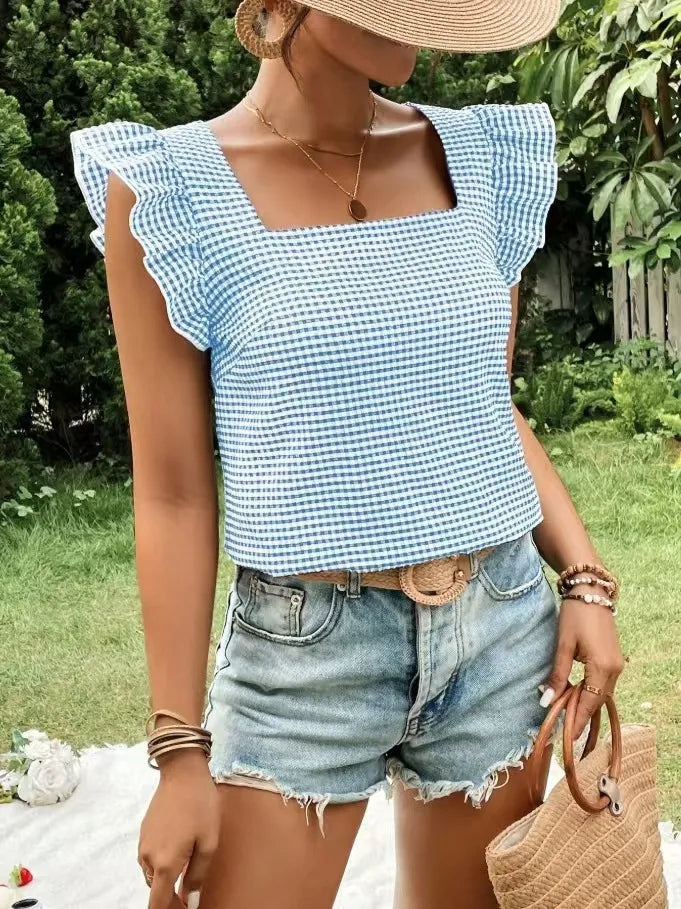 Ruffle Sleeve Gingham Square Neck Top