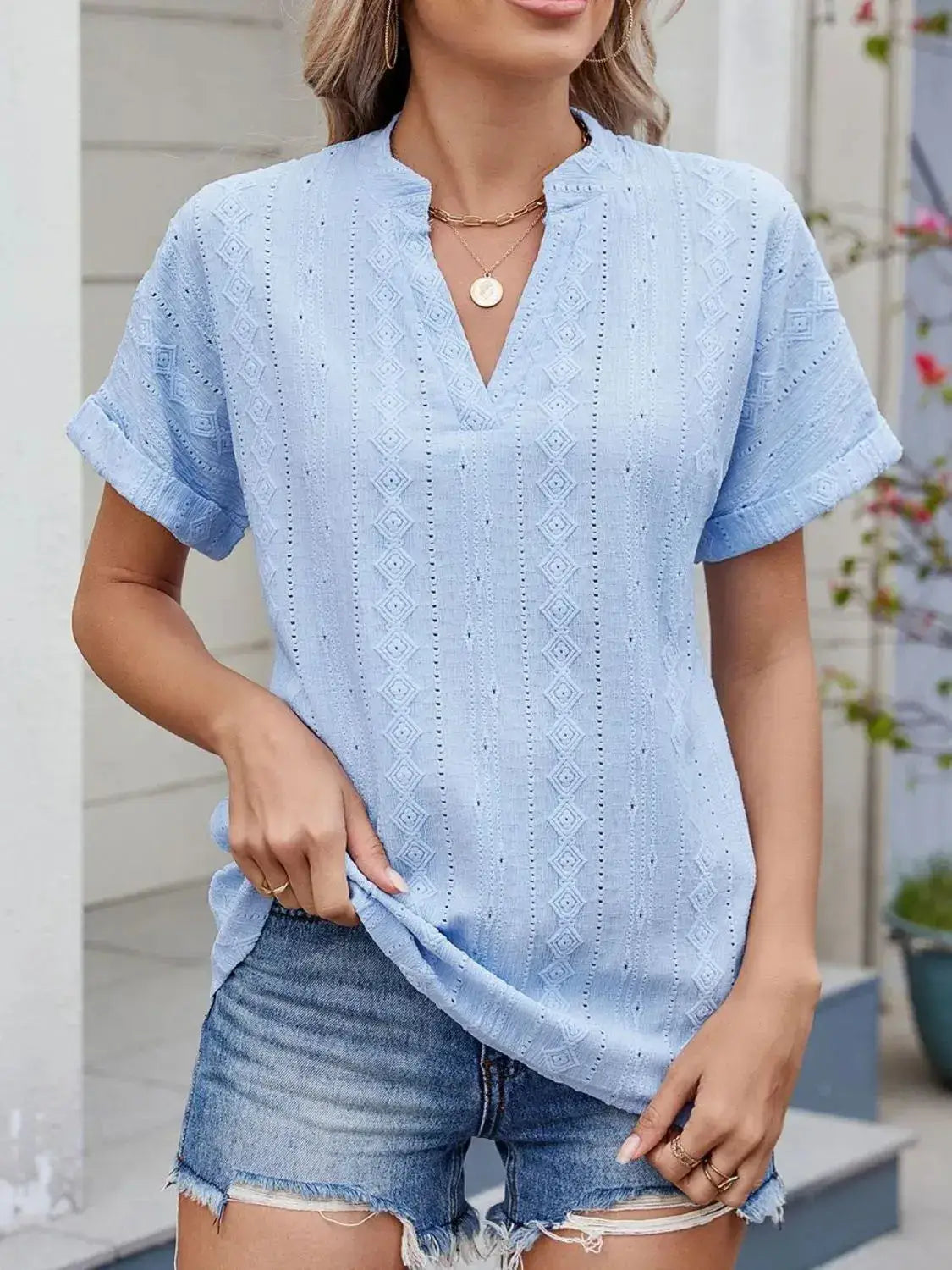 Eyelet Notched Short Sleeve Top - Clothes For Her Online Store