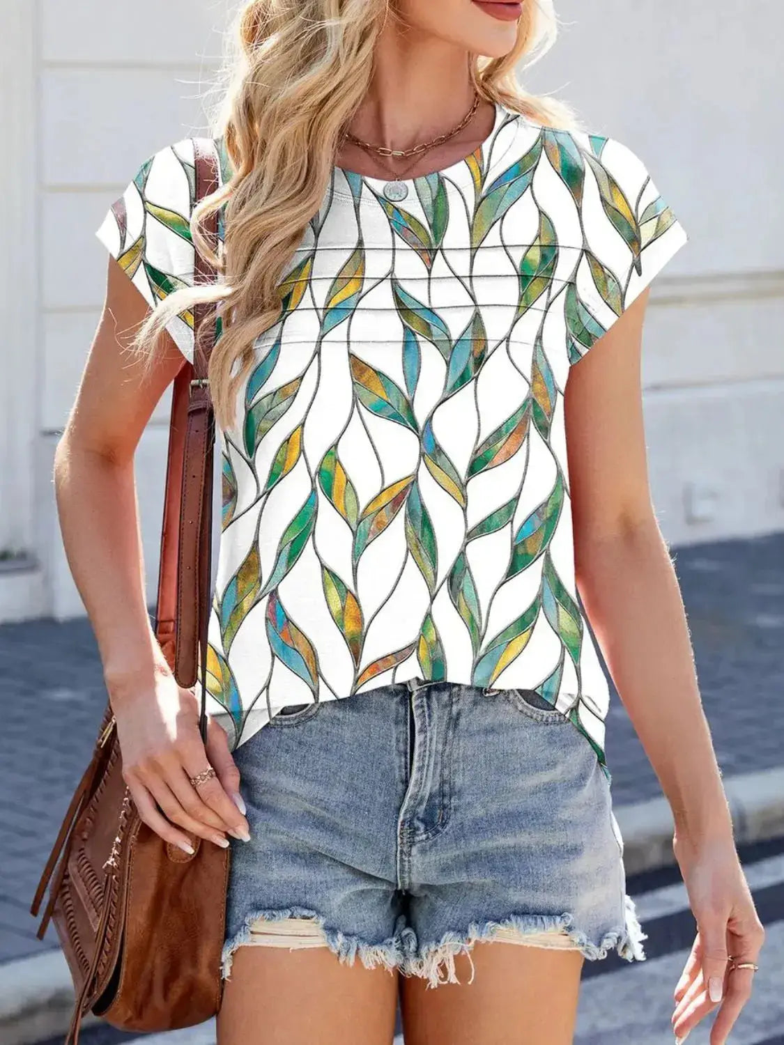 Printed Round Neck Cap Sleeve Top - Clothes For Her Online Store