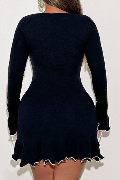 Contrast Trim Long Sleeve Mini Dress - Clothes For Her Online Store