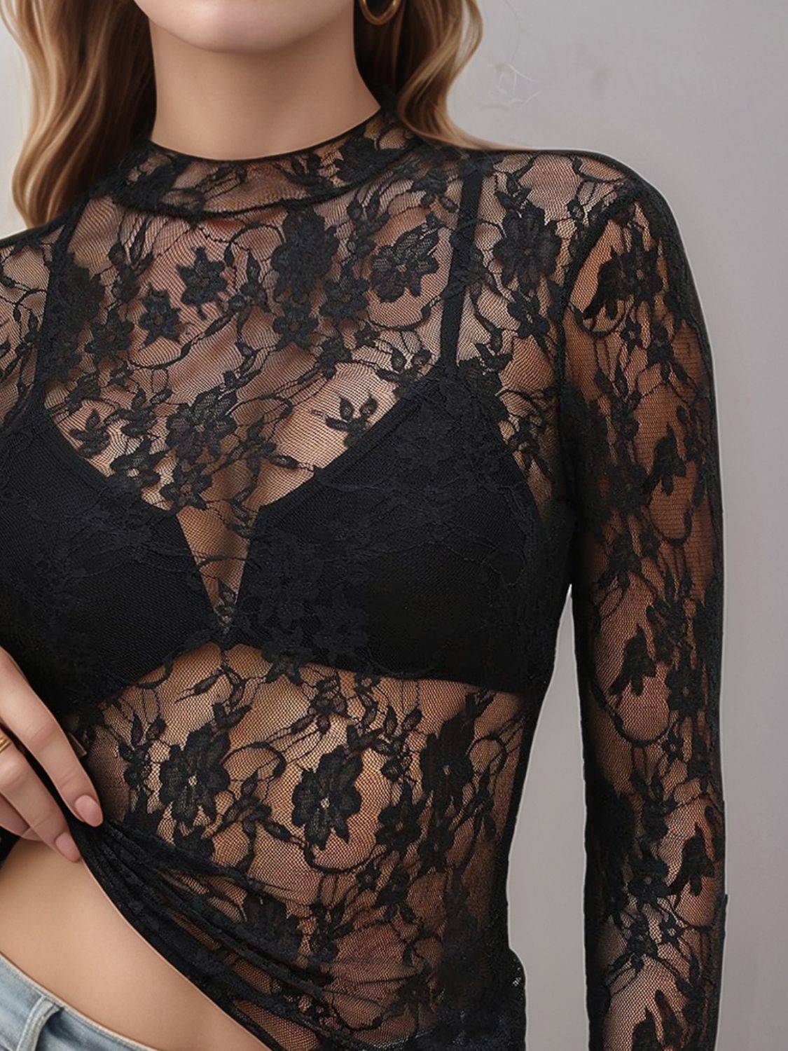 Floral Mock Neck Long Sleeve Mesh Top - Clothes For Her Online Store