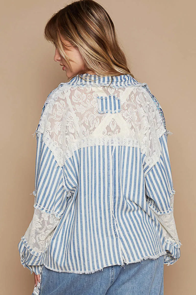 POL Printed Woven Mix Raw Hem Jacket with Lace Detail