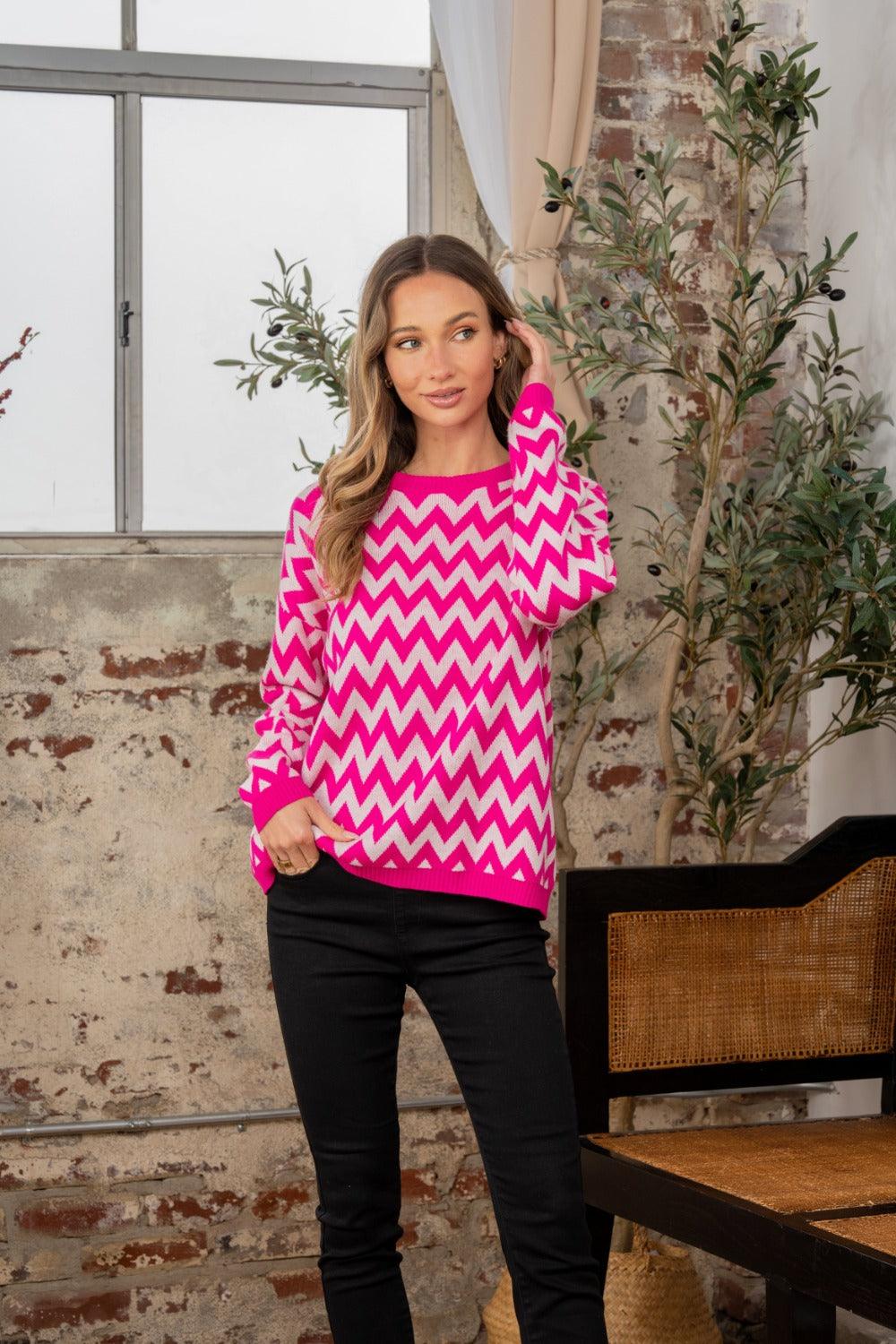 Sew In Love Full Size Wave Stripe Contrast Long Sleeve Sweater - Clothes For Her Online Store