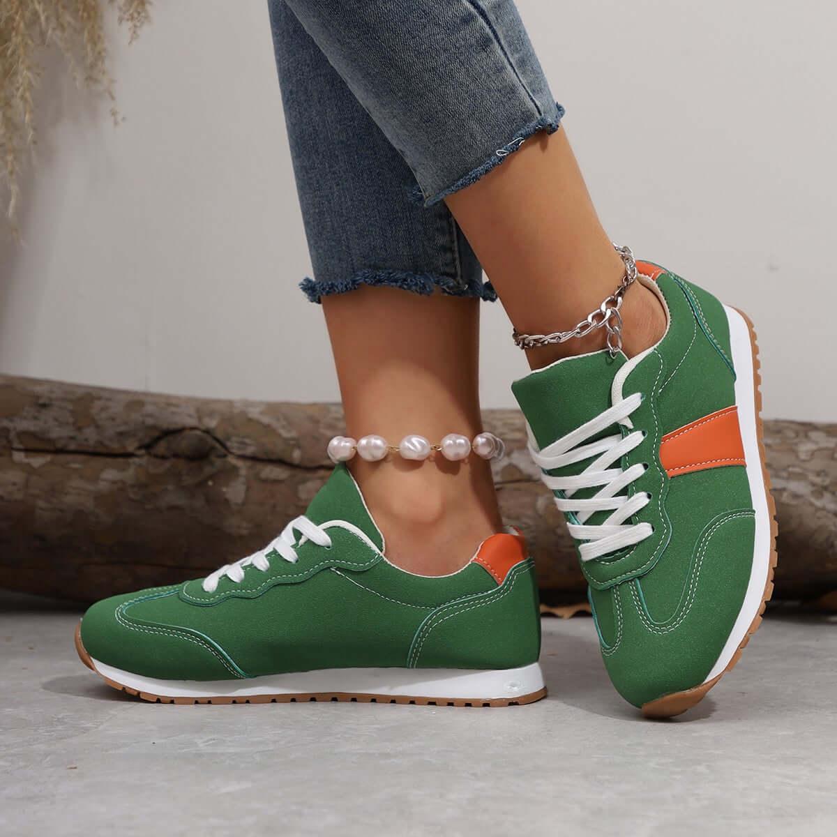 PU Leather Contrast Round Toe Flats Sneakers - Clothes For Her Online Store