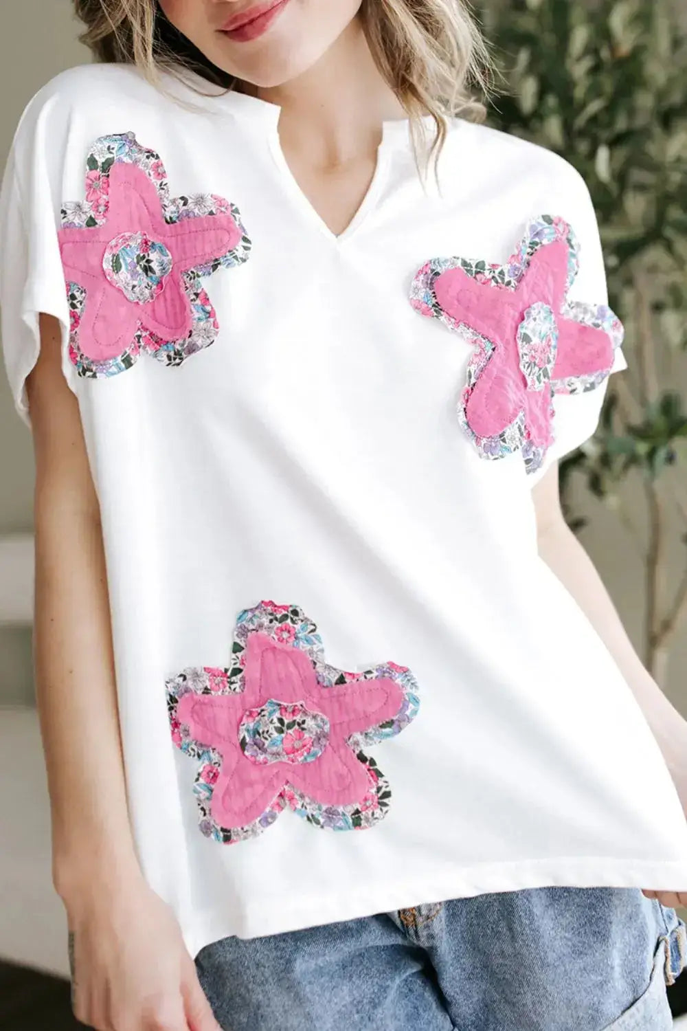 Floral Applique Notched Dolman Sleeve Top - Clothes For Her Online Store