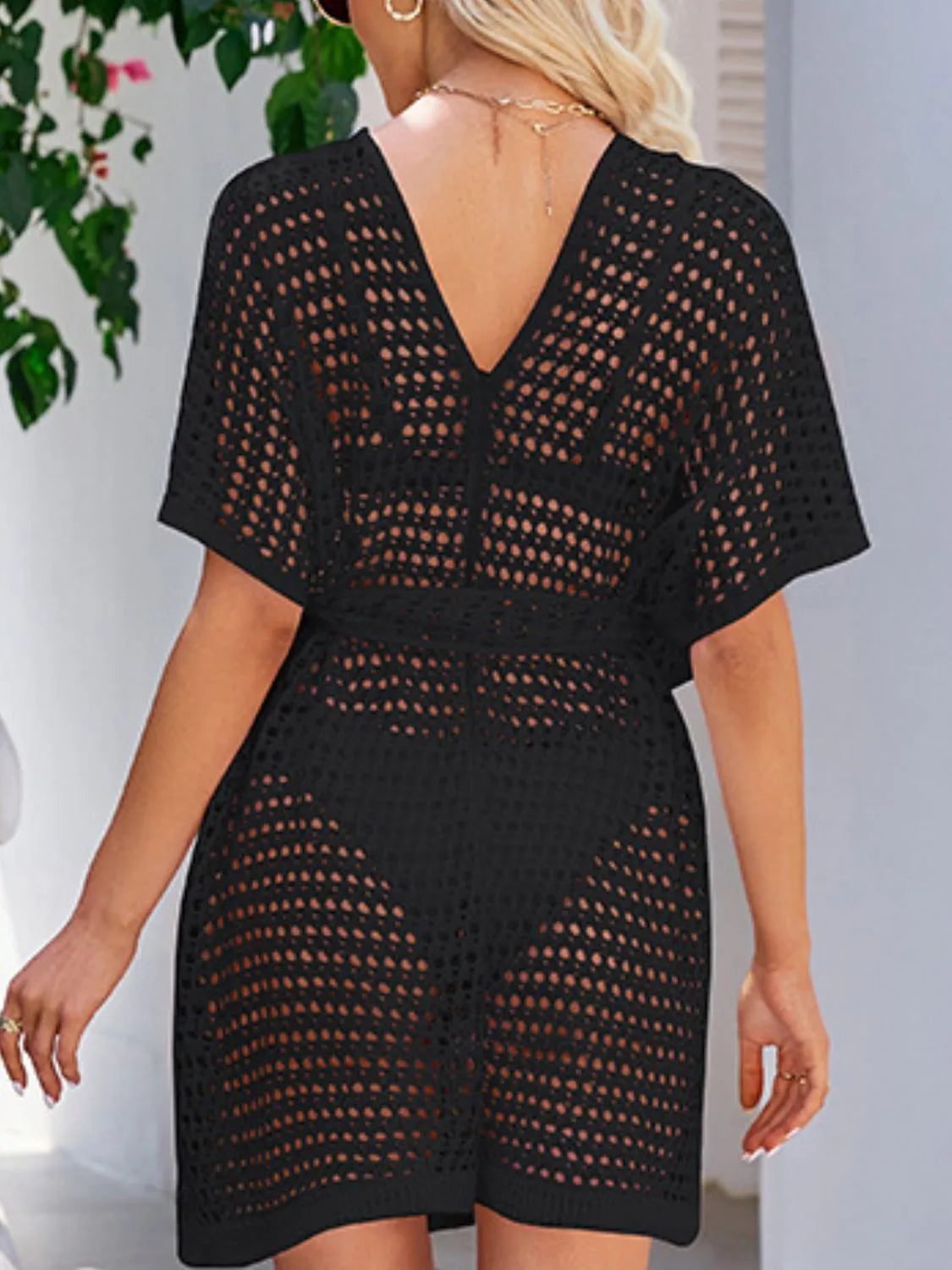 Open Front Tied Openwork Cover-Up