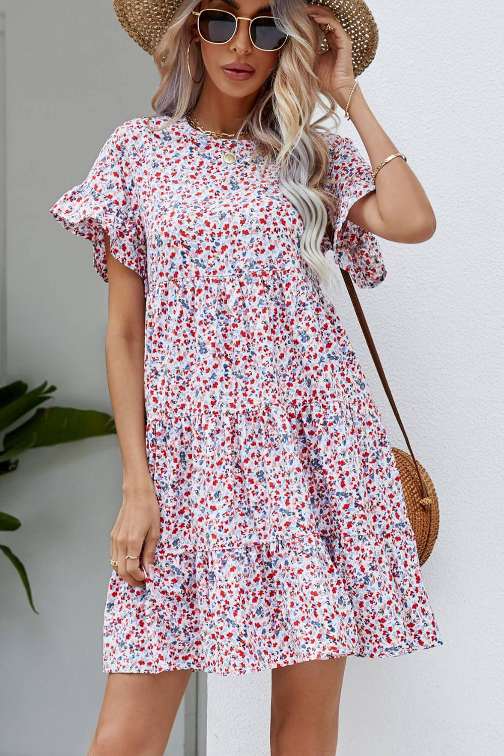 Ditsy Floral Flounce Sleeve Tiered Dress - Clothes For Her Online Store