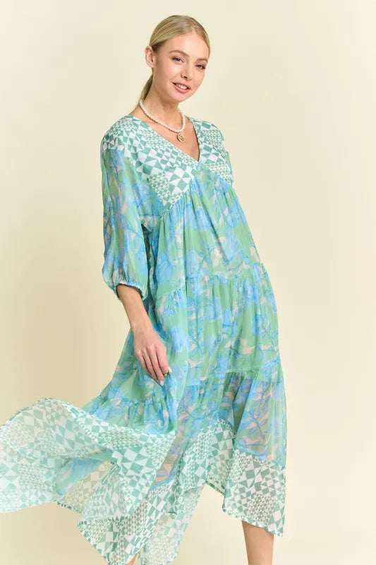 Davi & Dani Geo and Floral Print Mixed Tiered Dress