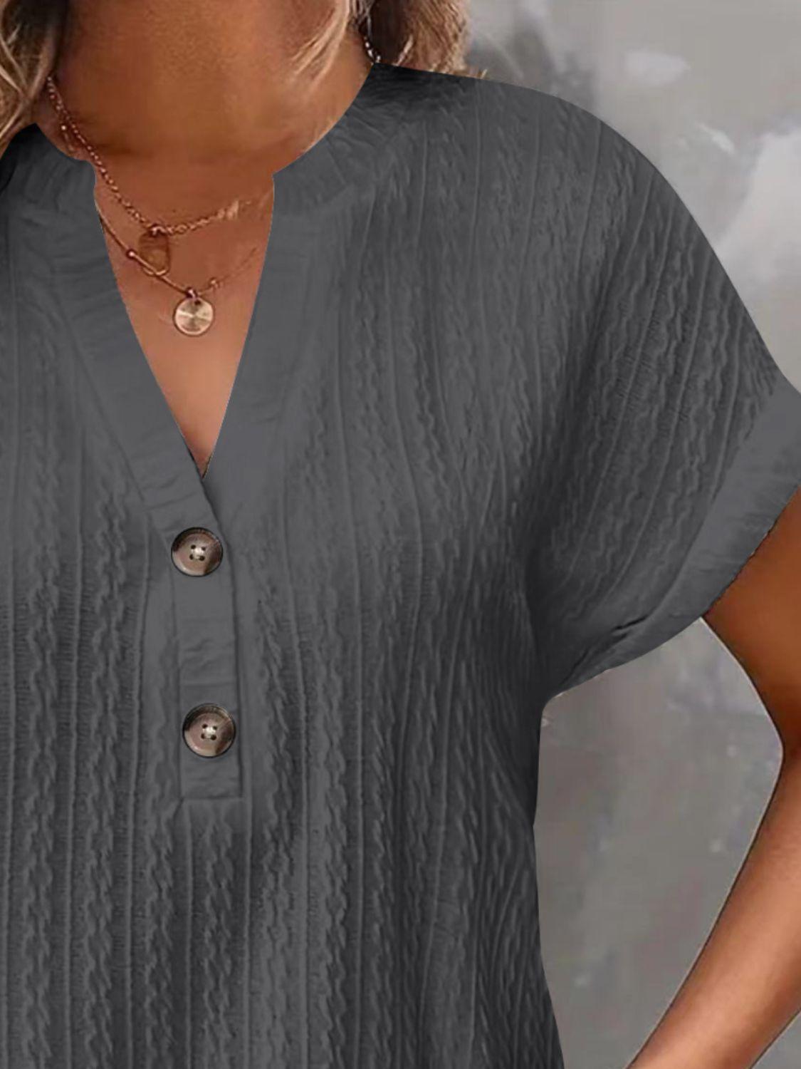 Textured Notched Short Sleeve Top - Clothes For Her Online Store