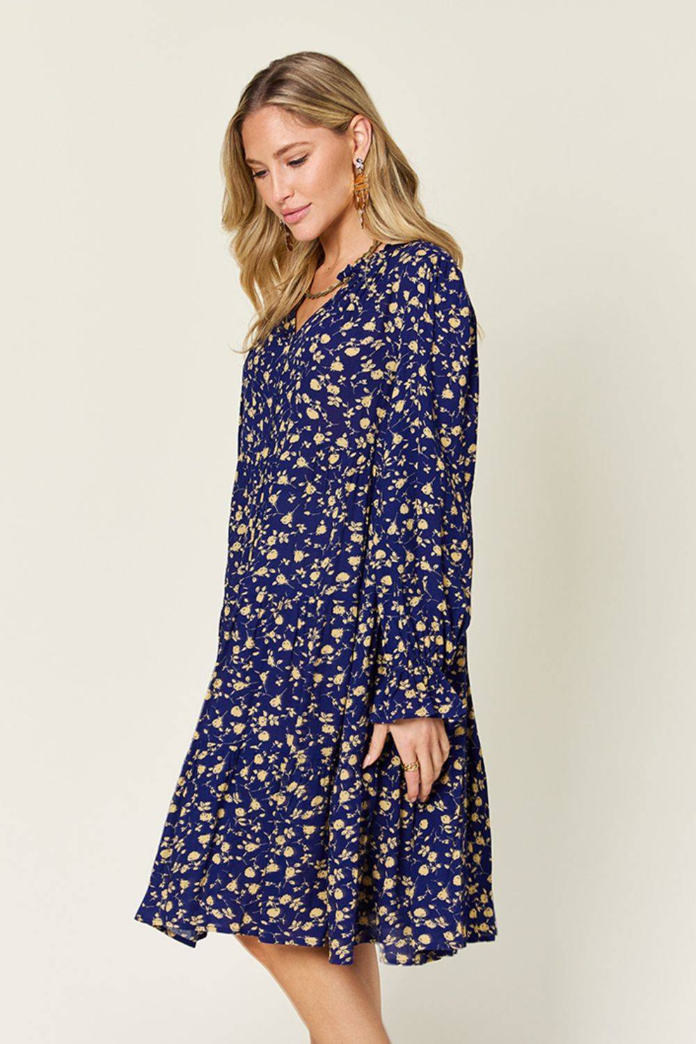 Double Take Full Size Printed Ruffle Hem Long Sleeve Tiered Dress - Clothes For Her Online Store