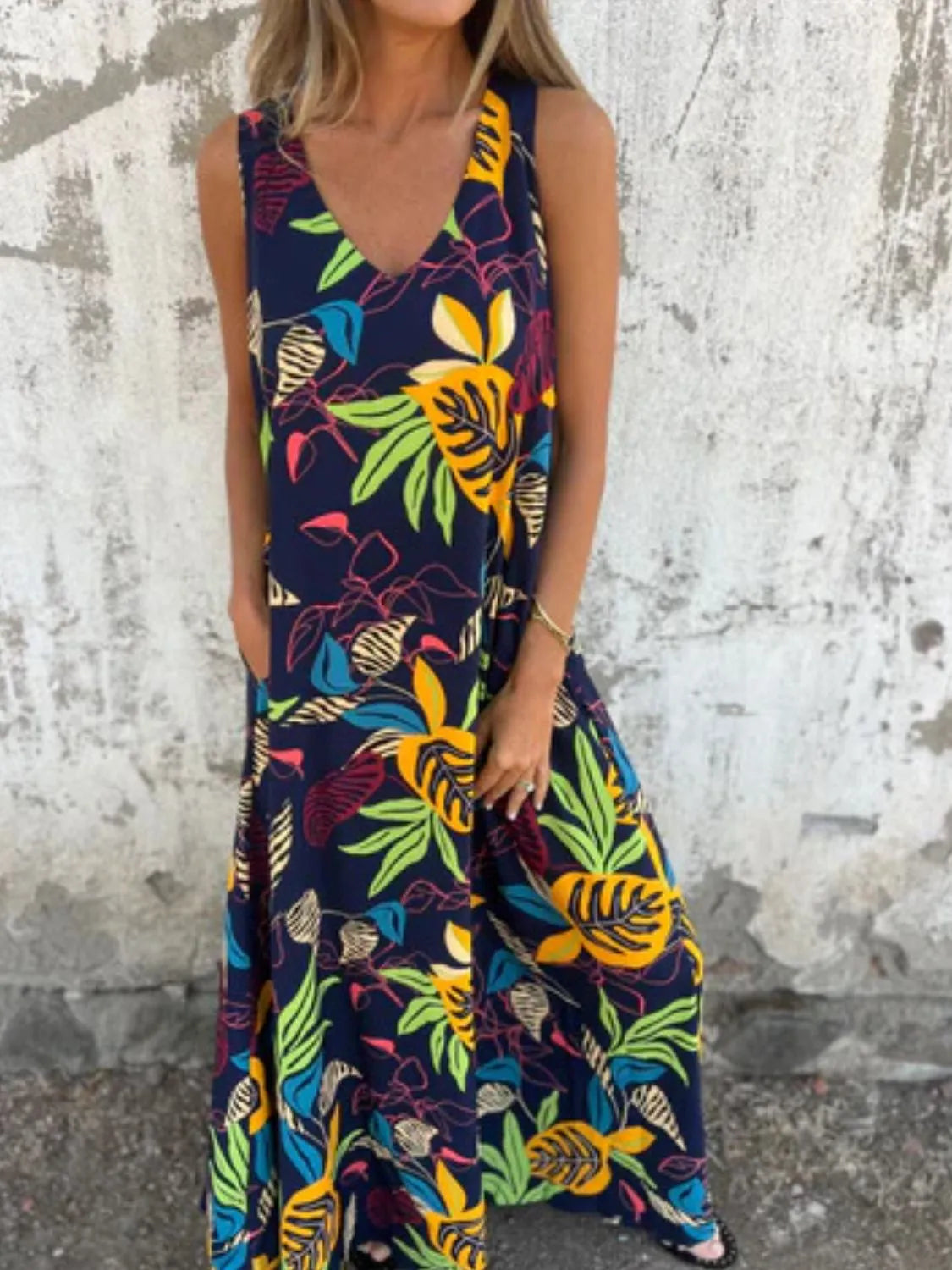 Full Size Printed V-Neck Sleeveless Dress Plus Size