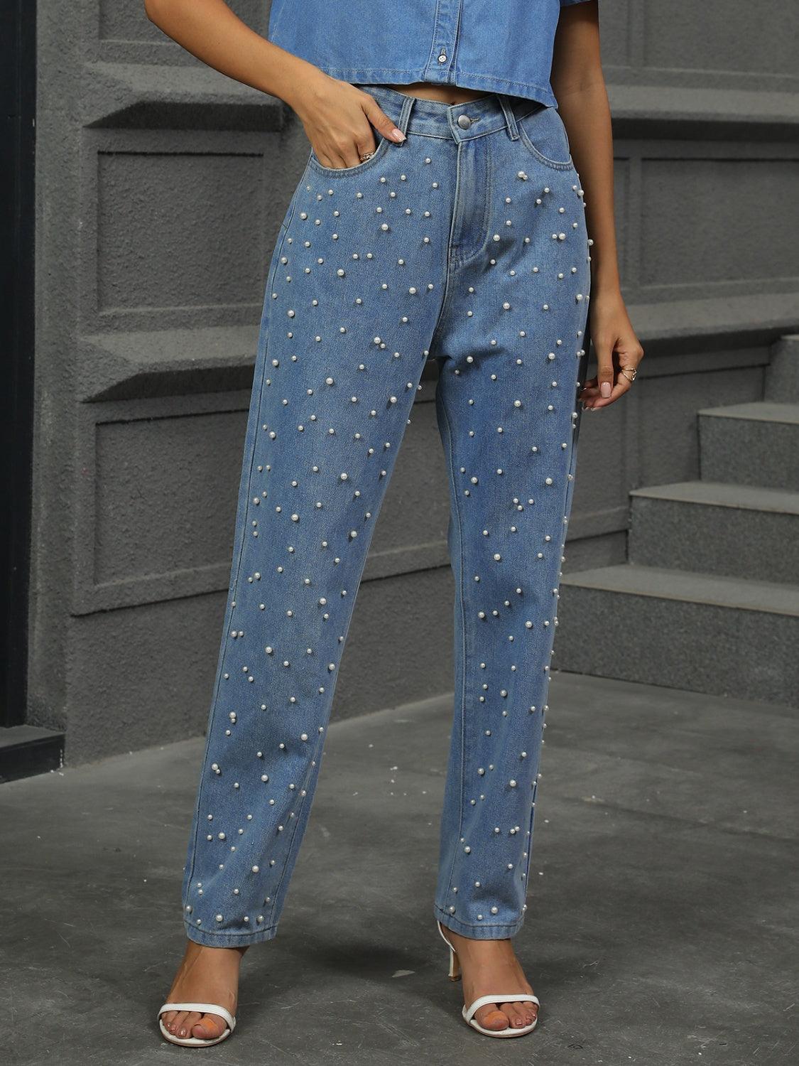 Pearl Detail Straight Jeans with Pockets - Clothes For Her Online Store