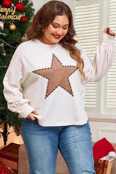 Plus Size Studded Star Round Neck Long Sleeve Blouse - Clothes For Her Online Store