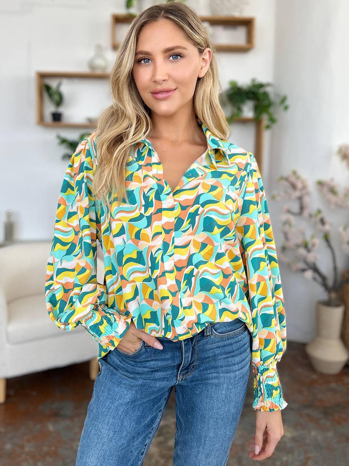 Double Take Full Size Printed Smocked Long Sleeve Blouse - Clothes For Her Online Store