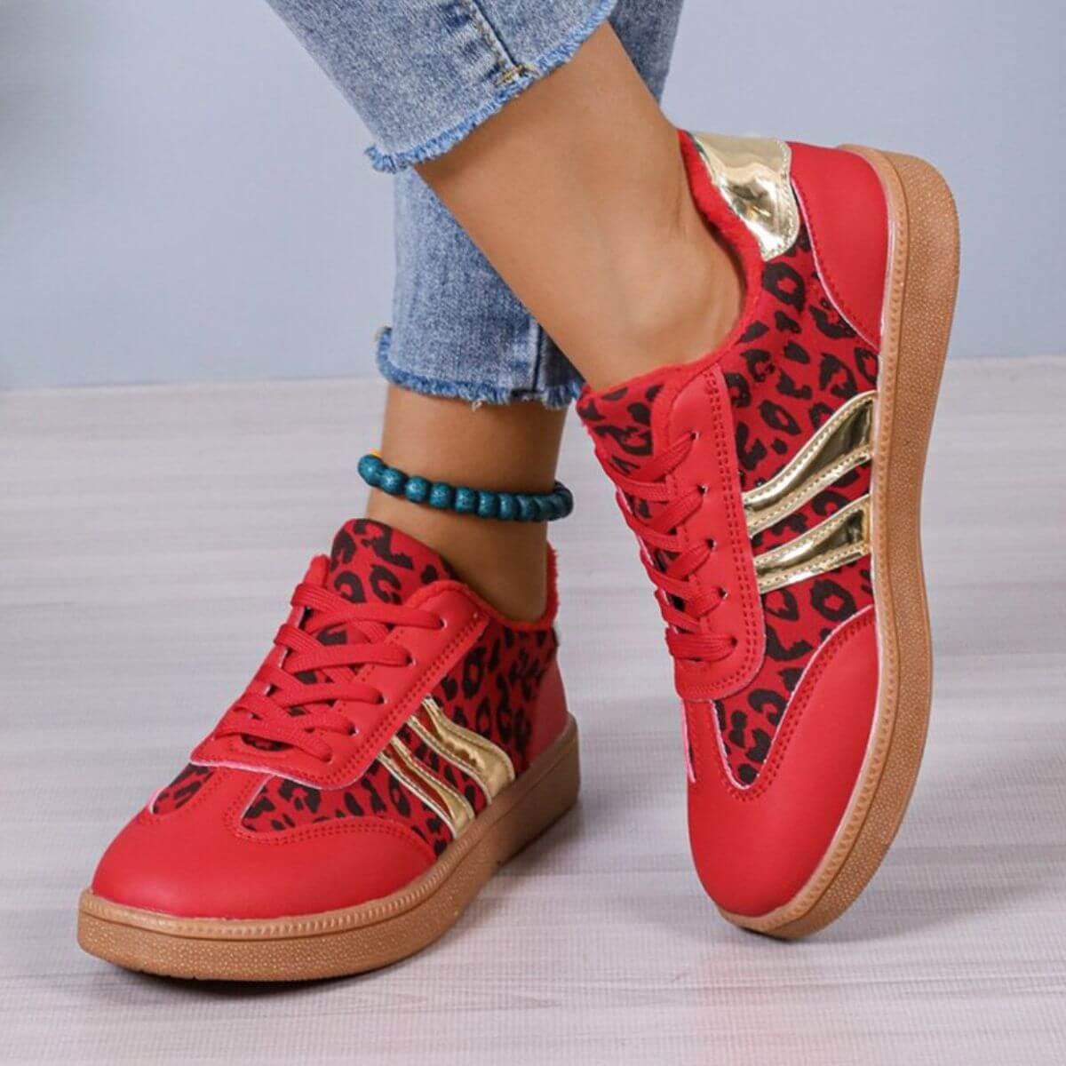 Leopard Round Toe Lace Up Athletic Sneakers - Clothes For Her Online Store