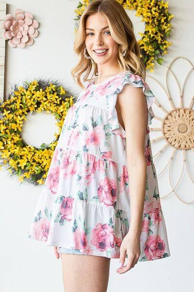 Heimish Full Size Butterfly Short Sleeve Round Neck Floral Print Tiered Top Plus Size - Clothes For Her Online Store