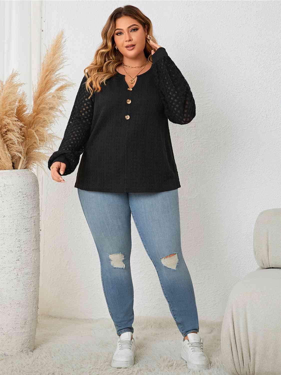 Honey Plus Size Openwork Notched Button Front Blouse - Clothes For Her Online Store
