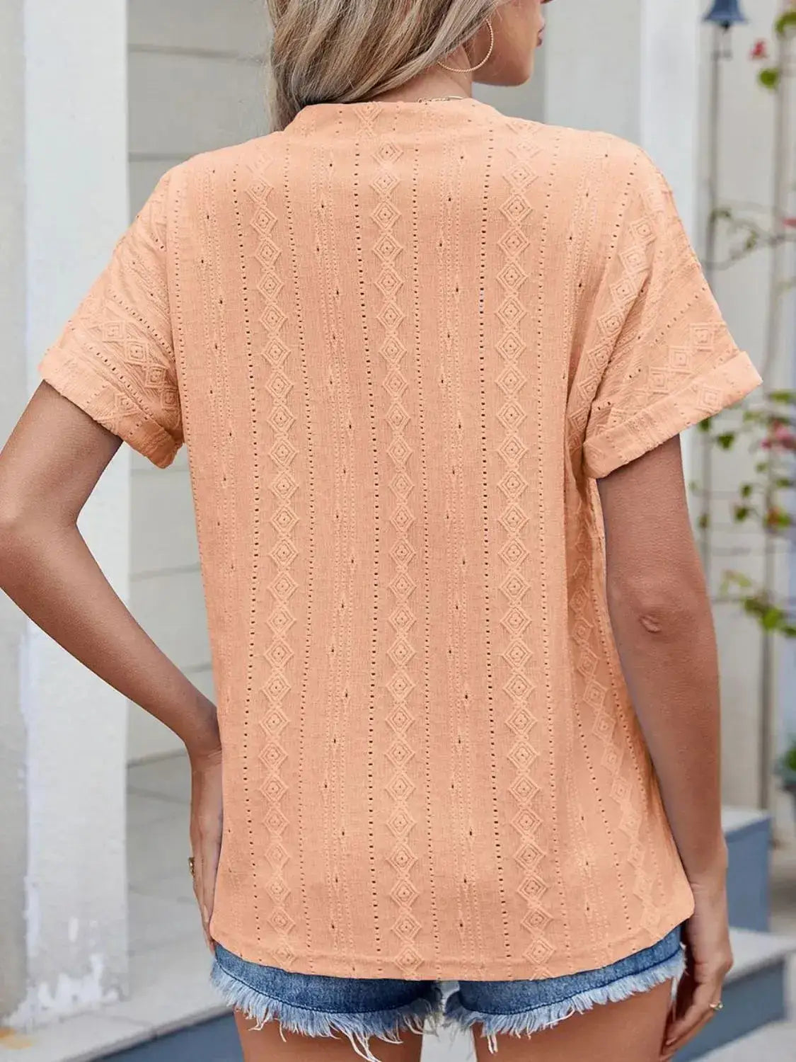 Eyelet Notched Short Sleeve Top - Clothes For Her Online Store
