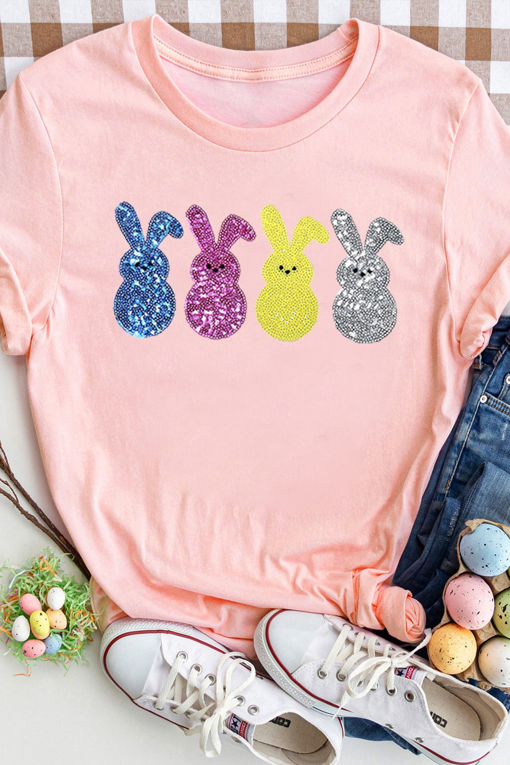 Sequin Bunny Round Neck Short Sleeve T-Shirt - Clothes For Her Online Store