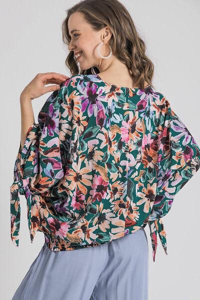 Umgee Full Size Floral V-Neck Tie Sleeve Blouse Plus Size - Clothes For Her Online Store