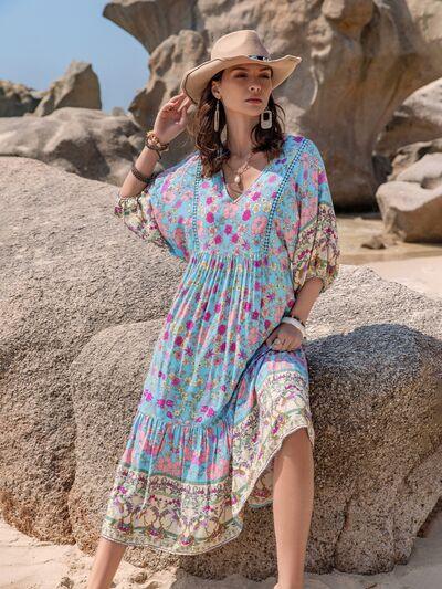 Printed Puff Sleeve Ruched Midi Dress - Clothes For Her Online Store