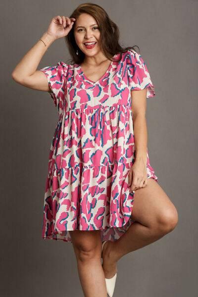 Umgee Full Size Abstract Print Pleat Detail Short Sleeve V-Neck Tiered Dress Plus Size - Clothes For Her Online Store