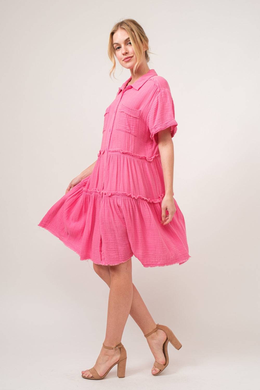 And The Why Full Size Raw Edge Washed Tiered Shirt Dress - Clothes For Her Online Store
