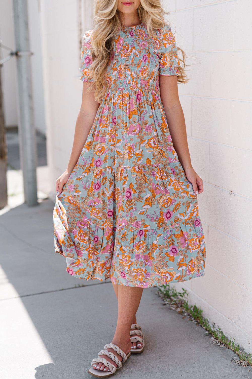 Floral Flounce Sleeve Round Neck Midi Dress - Clothes For Her Online Store