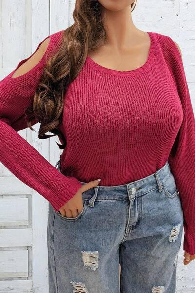 Plus Size Cold Shoulder Round Neck Sweater - Clothes For Her Online Store