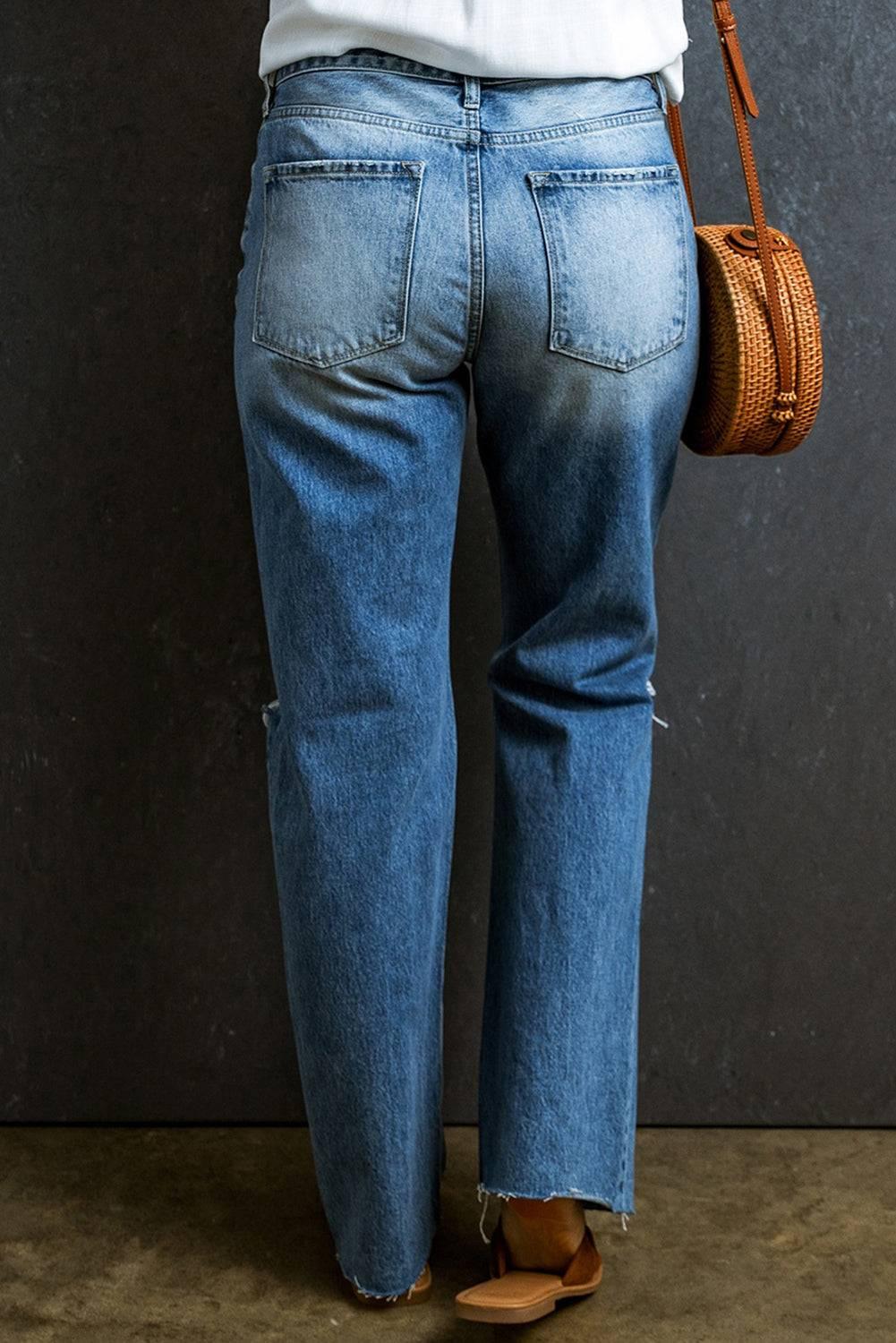 Distressed Raw Hem Jeans with Pockets - Clothes For Her Online Store